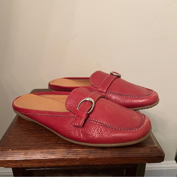 Coach Red Pebbled Leather Silver Logo Loafer Mules - Picture 4 of 6